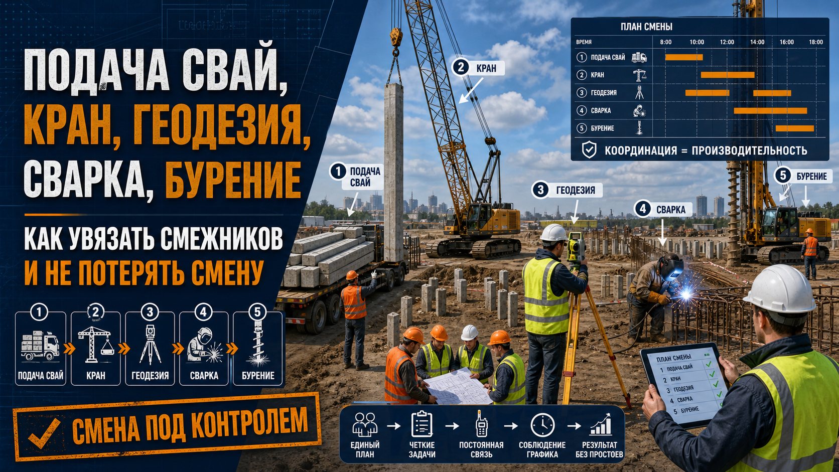 Подача свай, кран, геодезия, сварка, бурение: как увязать смежников и не потерять смену