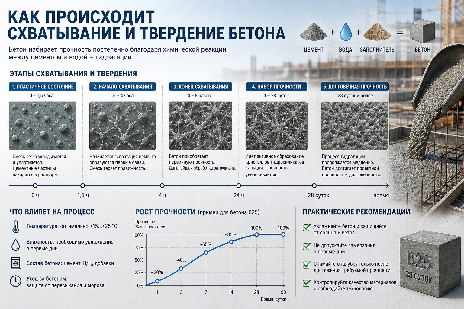 Как происходит схватывание и твердение бетона
